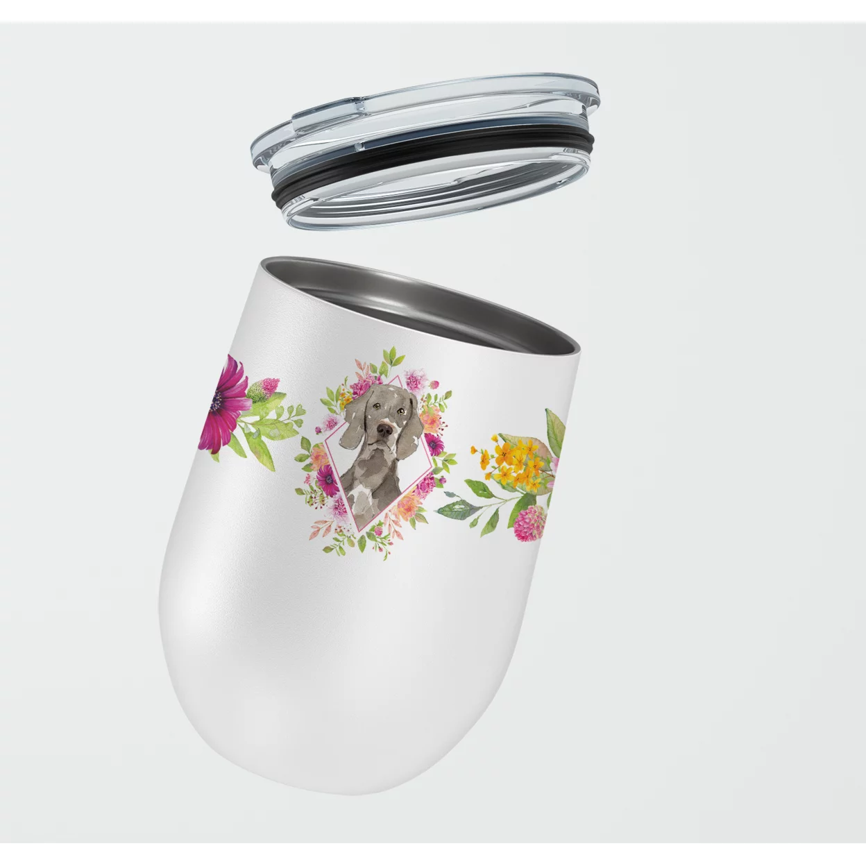 Carolines Treasures CK4205TBL12 Weimaraner Pink Flowers Stainless Steel 12 oz Stemless Wine Glass, 12 oz, multicolor