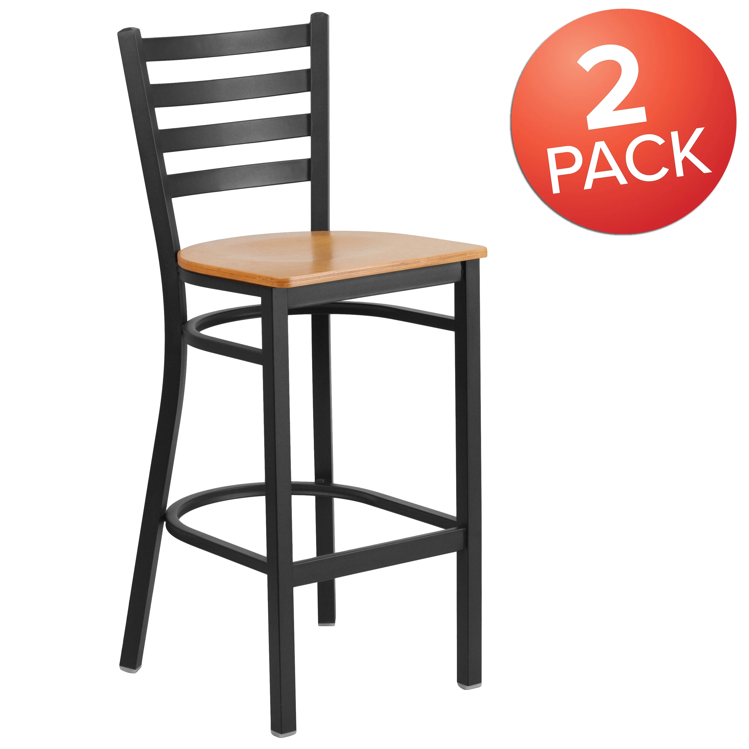 Flash Furniture 2 Pack HERCULES Series Black Ladder Back Metal Restaurant Barstool - Natural Wood Seat