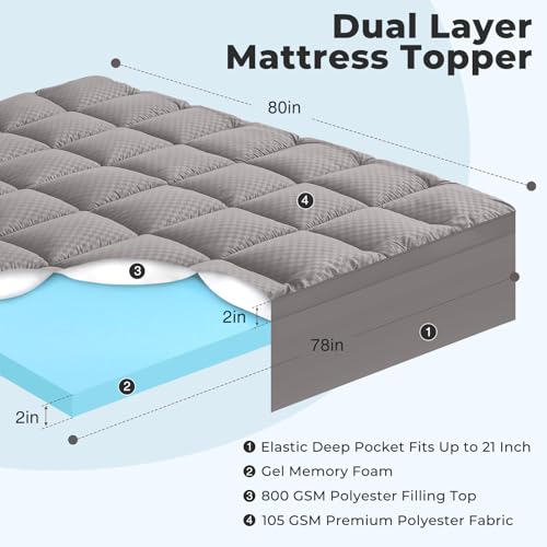 OLANLY Dual-Layer 4 Inch King Size Memory Foam Mattress Topper for Back Pain, 2 Inch Cooling Pillow Top Mattress Pad Cover and 2 Inch Gel Memory Foam Topper, Deep Elastic Pocket, Grey