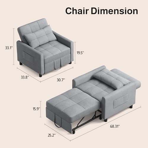 Sleeper Chair, Pull Out Sofa Bed, 3-in-1 Convertible Chair Bed, with Adjustable Backrest and Storage Pocket, for Living Room Apartment,Pink