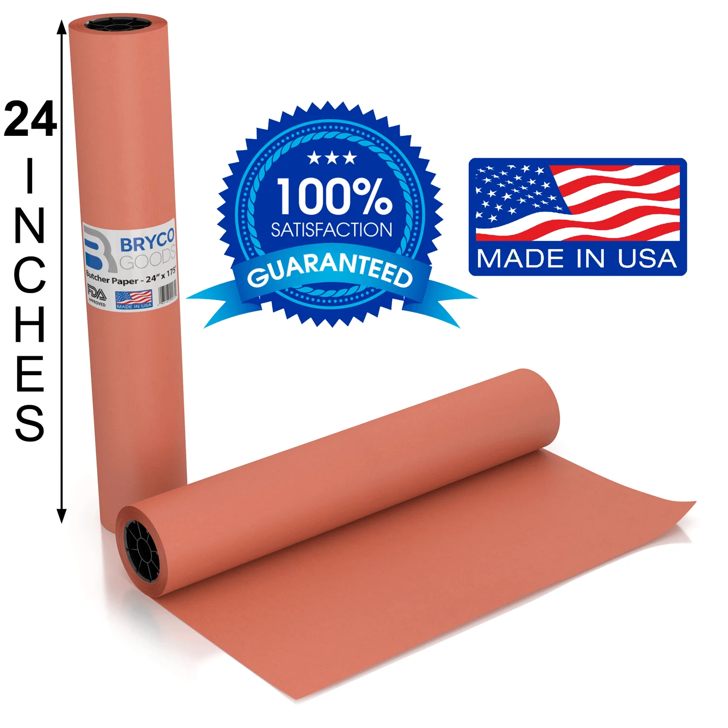 Bryco Goods Pink Butcher Paper Roll - 24 Inch by 175 Foot Roll of Food Grade Peach Butcher Paper for Smoking Meat - Unbleached, Unwaxed and Uncoated Kraft Paper Roll - Made in the USA