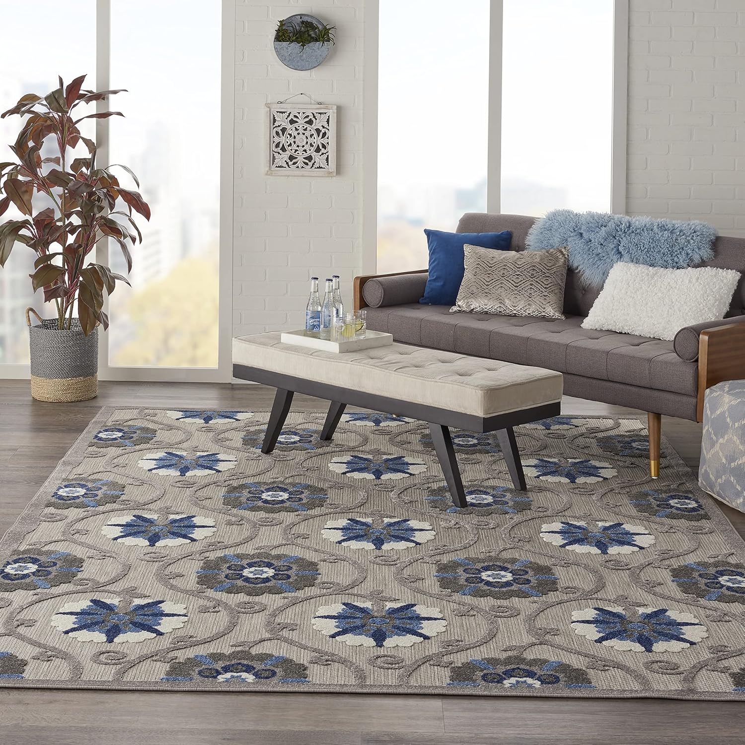 Nourison Aloha Indoor/Outdoor Grey/Blue 7' x 10' Area Rug, Easy Cleaning, Non Shedding, Bed Room, Living Room, Dining Room, Kitchen (7x10)