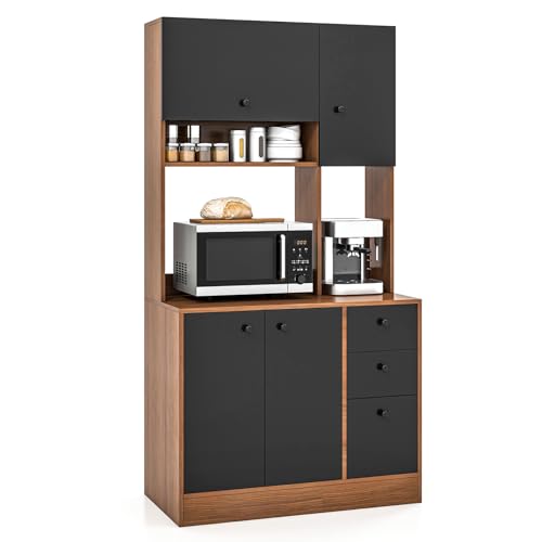 Giantex Kitchen Pantry, Buffet Hutch with 3 Storage Cabinet, 71'' Floor Large Cupboard with 3 Deep Drawers, Wide Countertop, Adjustable Shelves, Tall Sideboard (Walnut)