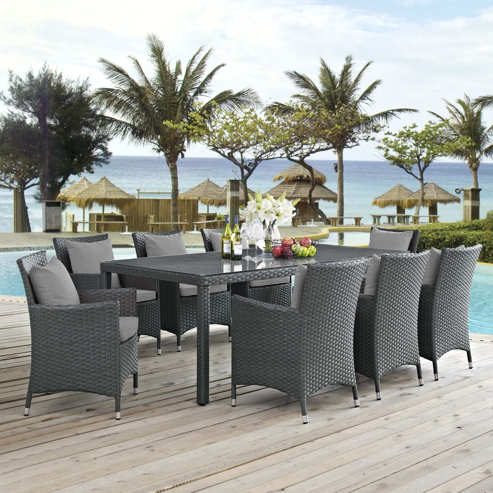 Modway Sojourn 9 Piece Outdoor Patio Sunbrella® Dining Set in Canvas Gray