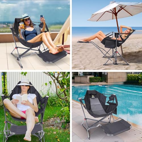 Nice C Hammock Camping Chair, Camping Chair Rocker, Swinging Chair, High Back with Stand, Cup Holder, Side Pocket, Heavy Duty (1, Black w/footrest)