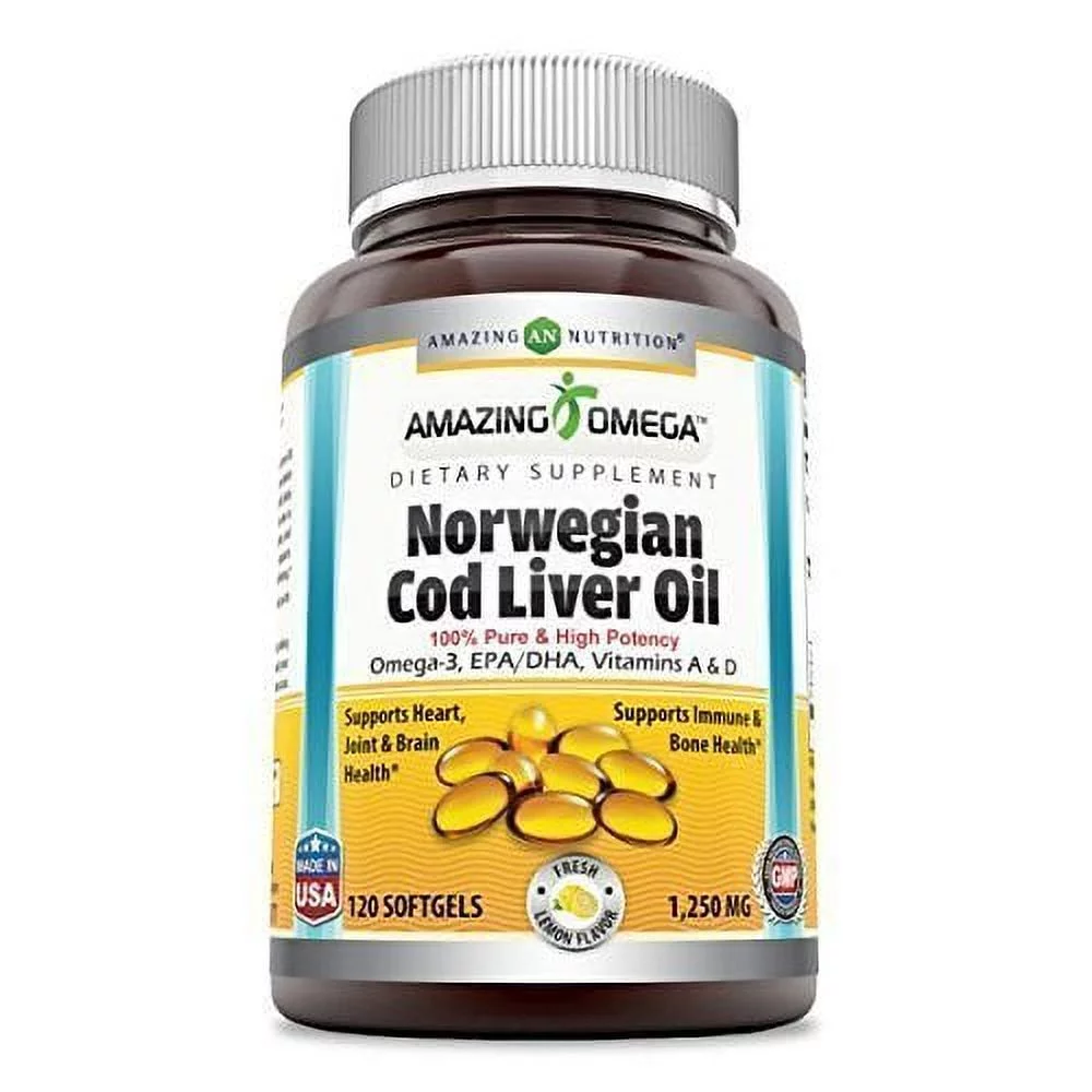 Amazing Omega Norwegian Cod Liver Oil 1250 mg, Fresh Lemon Flavor Softgels, 120 Count, 2 Pack
