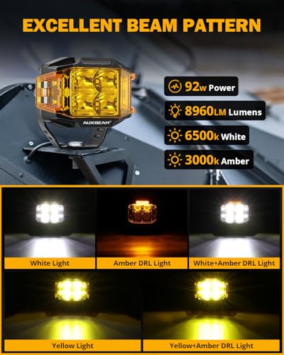 Auxbeam V-MAX Series 72W LED Pod Driving Lights, 4x2.5 Inch Rectangle Side Shooter Offroad Cube Spotlights with Amber DRL, 270° Combo Beam 6 Modes White/Amber/Yellow Auxiliary Lights with Covers