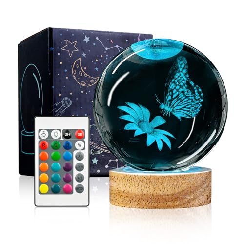 3D Butterfly Crystal Ball Night Light with Woodern Base, 3.15