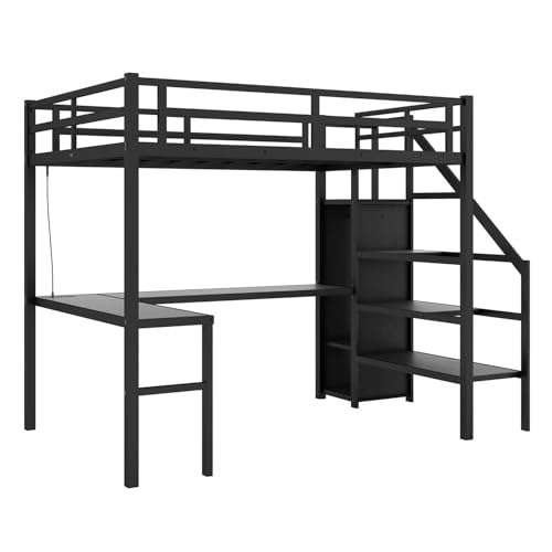 Twin XL Industrial Metal Loft Bed with L-Shaped Desk, USB, LED, Wardrobe, Adjustable Shelves, and Stairs (Black)