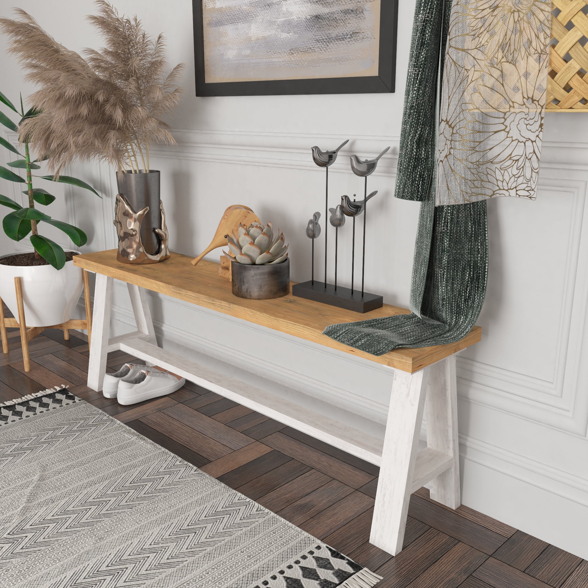 Woven Paths Simple Pine Wood Bench, Large Light Brown and White