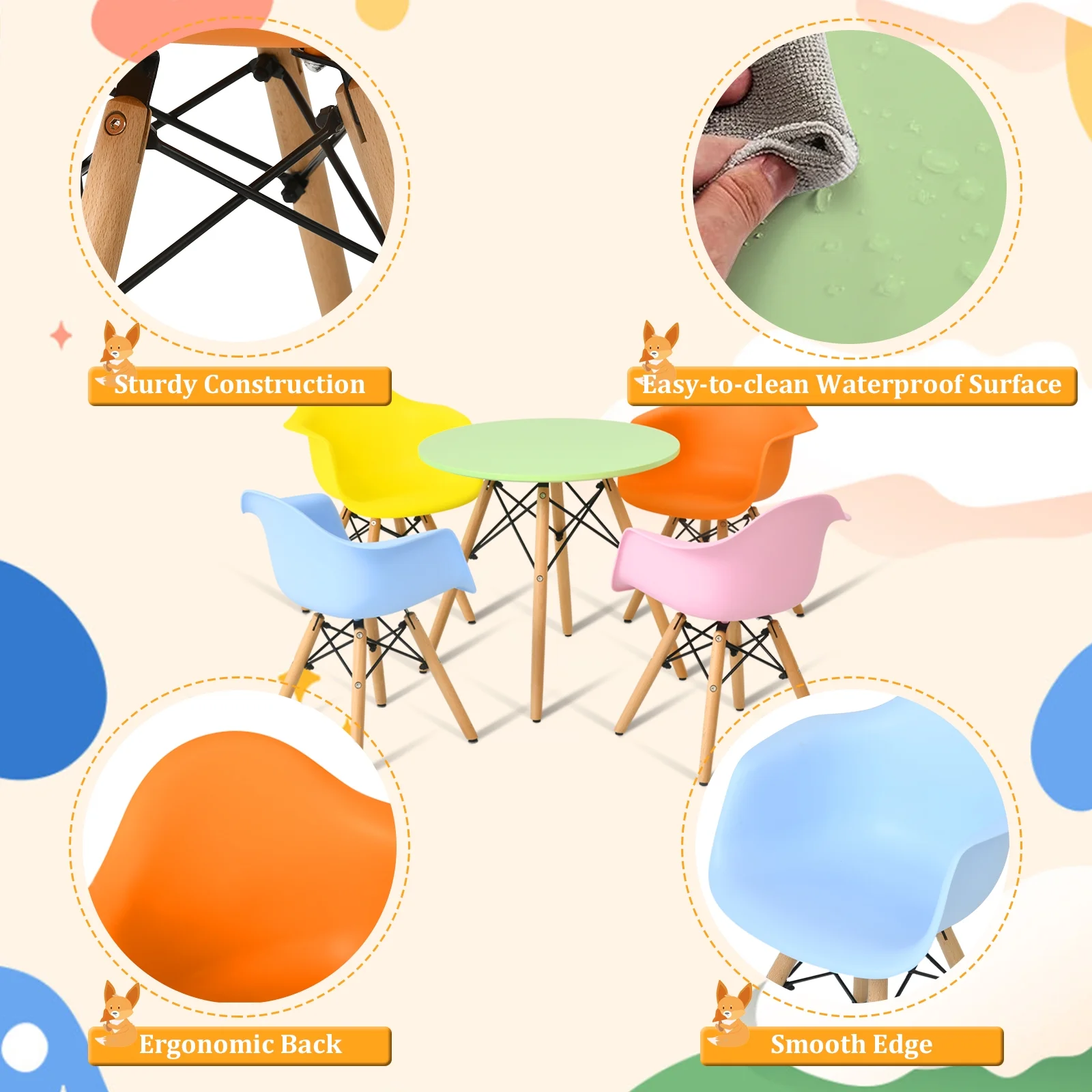 NOICOI 5-Piece Kids Dining Set Table, Compact Mid-Century Modern Table & Chair Set for Home, Apartment w/ 4 Chairs, Plastic Seats, Wooden Legs