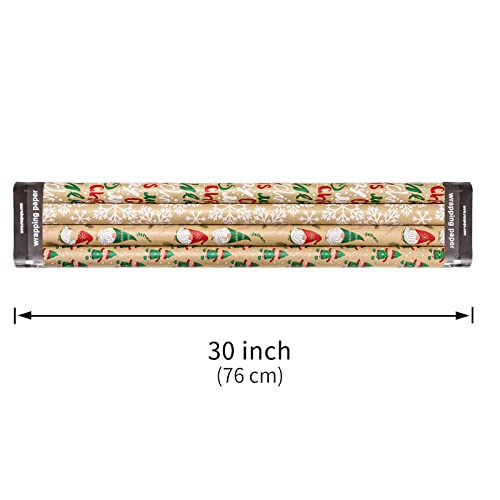 RUSPEPA Christmas Kraft Wrapping Paper - Owl, Reindeer, Christmas Ball and Text Design - 4 Rolls - 30 inches x 10 feet per Roll