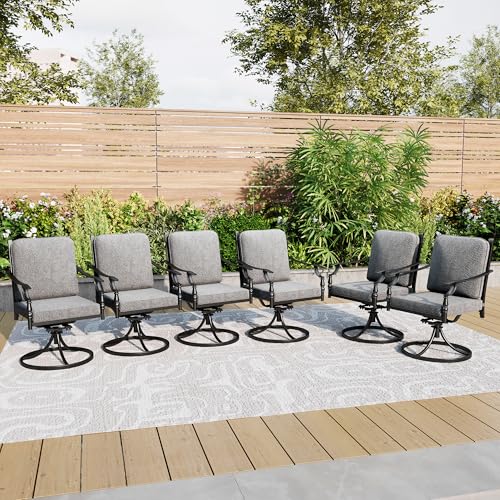 PHI VILLA 7 Pieces Outdoor Dining Set for 6, Rectangular Black Steel Dining Table with Fixed and Swivel Iron Chairs, Large Dining Furniture Set with Cushions for Patio, Deck, Porch, Backyard