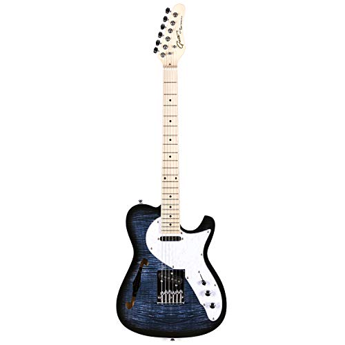 Grote Electric Guitar Semi-Hollow Body Single F-Hole Printed Tele Style Guitar Full-Size Basswood with Canadian Maple neck Chrome Hardware Picks (Blue)