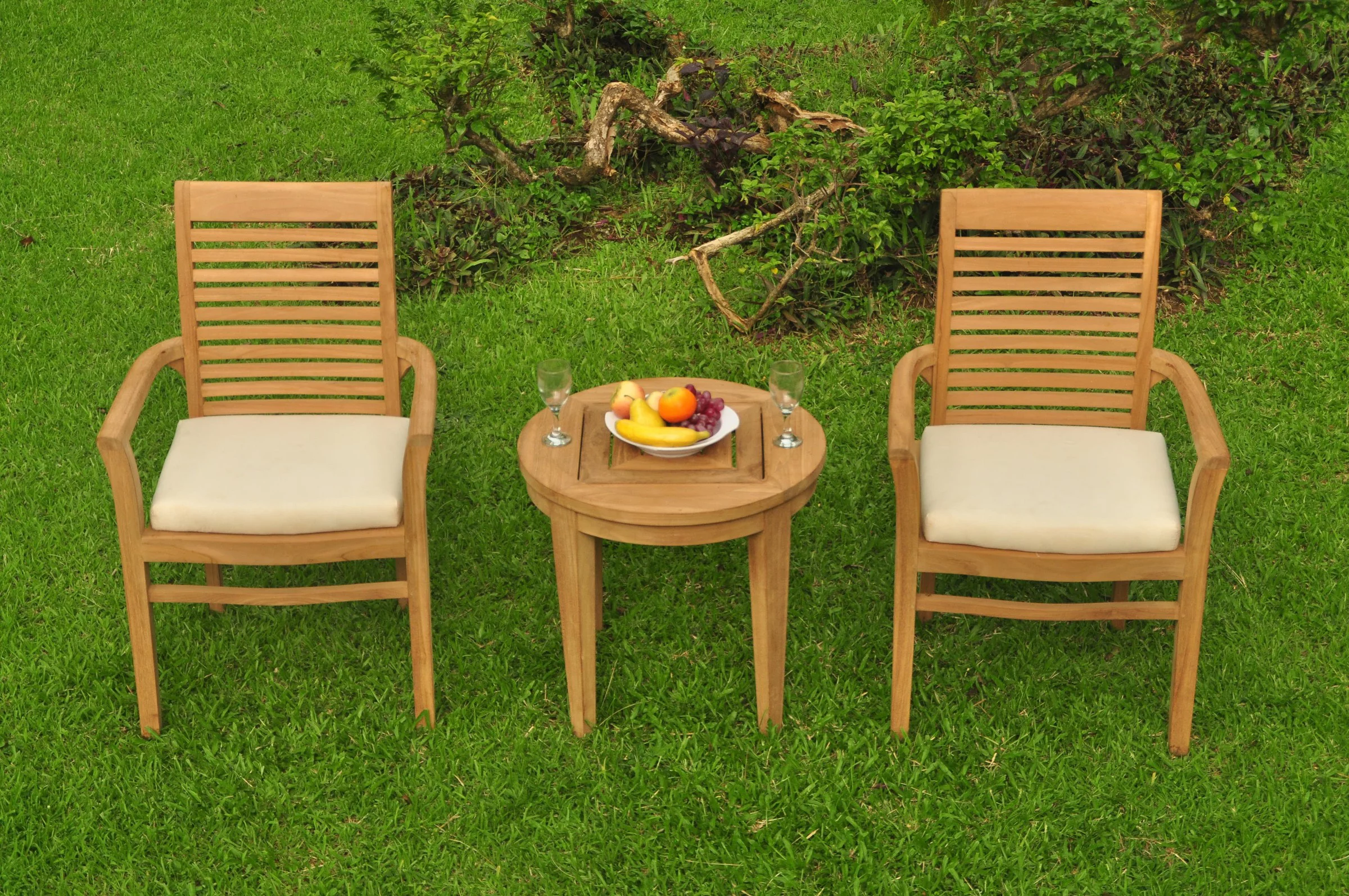 Grade-A Teak Dining Set: 2 Seater 3 Pc: Noida Round Side Table And 2 Mas Stacking Arm Chairs Outdoor Patio WholesaleTeak #WMDSWVm