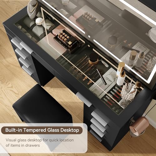 YITAHOME Vanity Set, Makeup Vanity Desk with Adjustable LED Mirror, Power Outlets, 10 Drawers, Magnifying Glass, Tempered Glass Top, Hairdryer Holder, Stool for Bathroom, Makeup Room