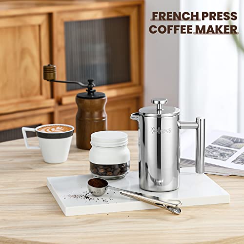 Velaze French Press Coffee Maker 34oz, Double Wall Insulated French Coffee Press Stainless Steel, 1L Coffee Maker Included 4 Extra Fliters and 1 Coffee Spoon, Silver