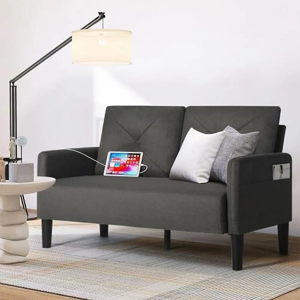 RUNFAYBIU 56" Sofa Couch  Comfy Loveseat w/Charger Port &  Pocket  Mini Love Seat for Bedroom  Mid Century Modern Tufted 2 Seater Sofa for Small Spaces Living Room  Apartment (Lig
