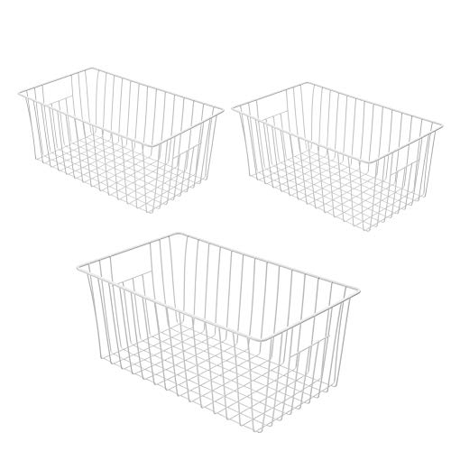 Freezer Storage Organize Baskets - 3 Pack Stackable Deep Freezer Organizer Bins for Most 7 Cu.FT Chest Freezer with Handles, Sturdy but Light, Metal Coated, Add Space, Easy to Reach