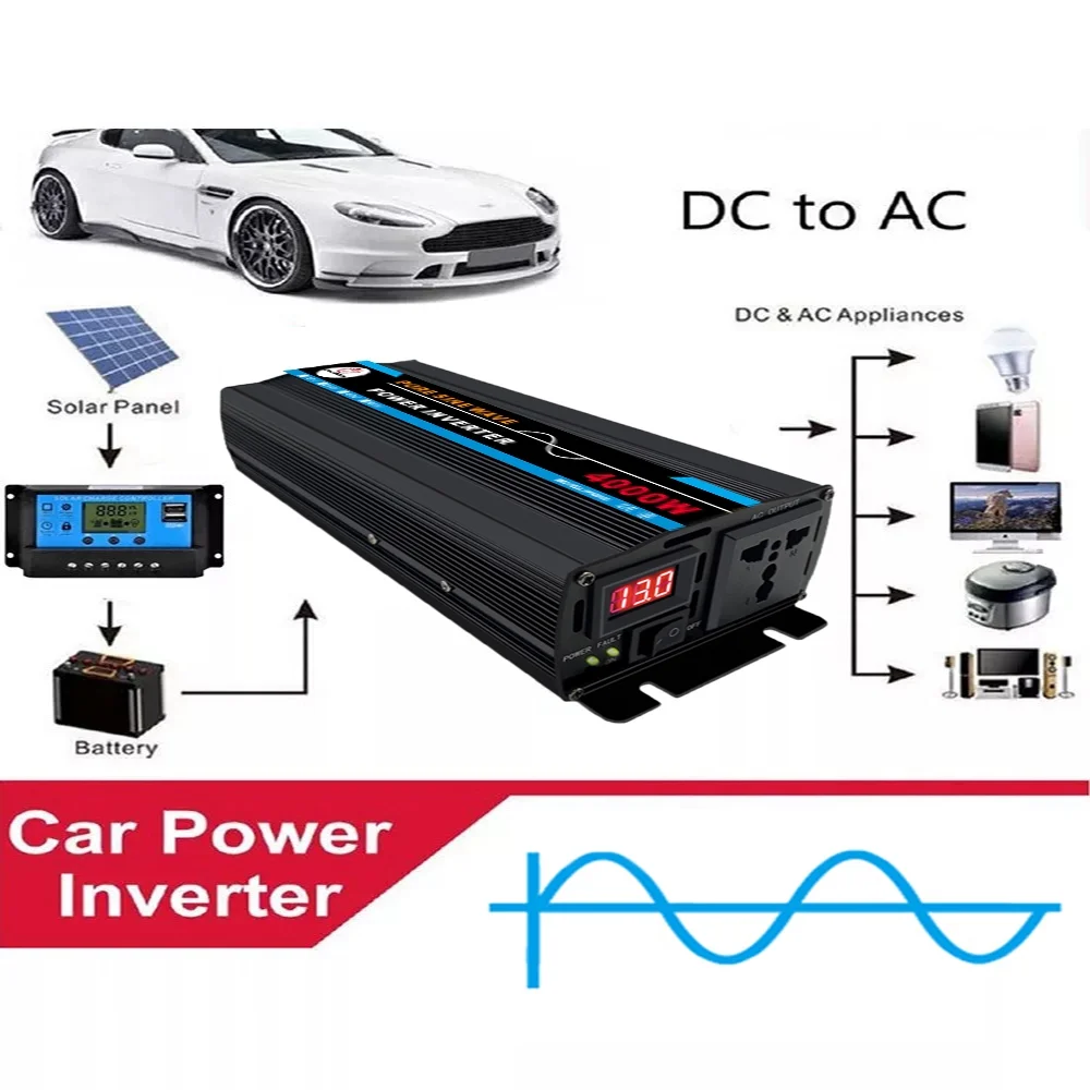 Pure Sine Wave Inverter, 4000W Power Inverter DC12V to AC 120V Car RV Converter Charger Adapter