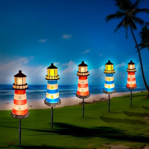 Solar Lighthouse Outdoor Garden,YY Gardenia The Lighthouse Gifts for Women,Pack 5 Lighthouses Solar Garden Lights Outdoor Waterproof