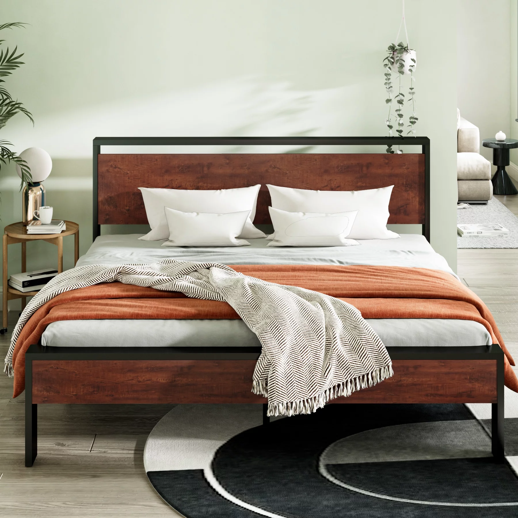 Einfach King Size Wood Bed Frame with Headboard, Mahogany