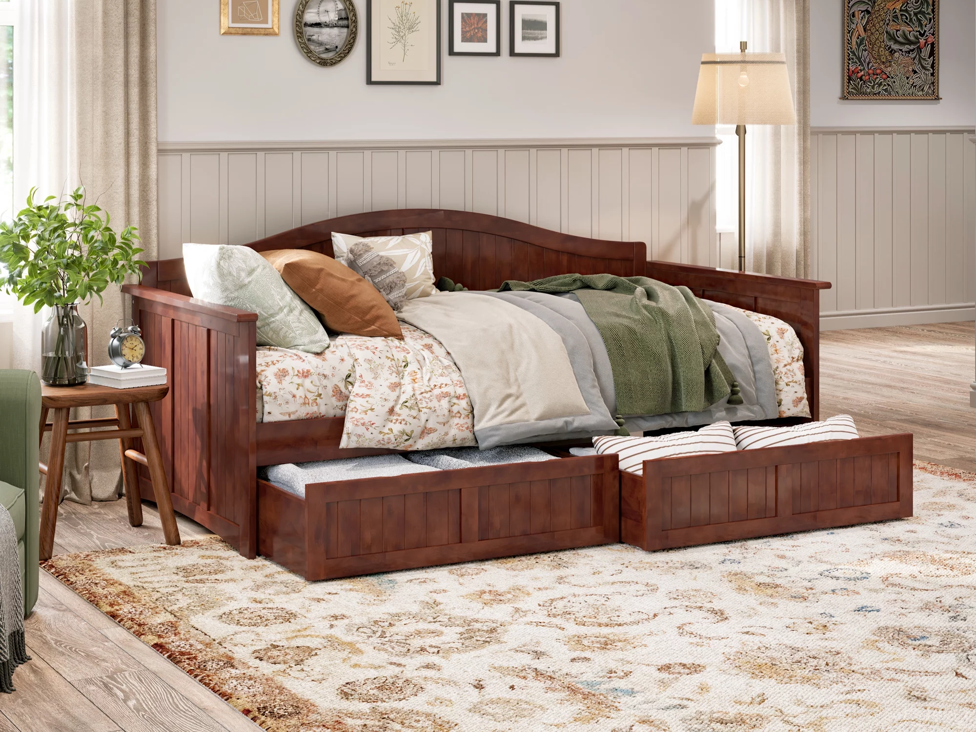 AFI Nantucket Wood Twin Size Daybed Frame with 2 Storage Drawers Walnut