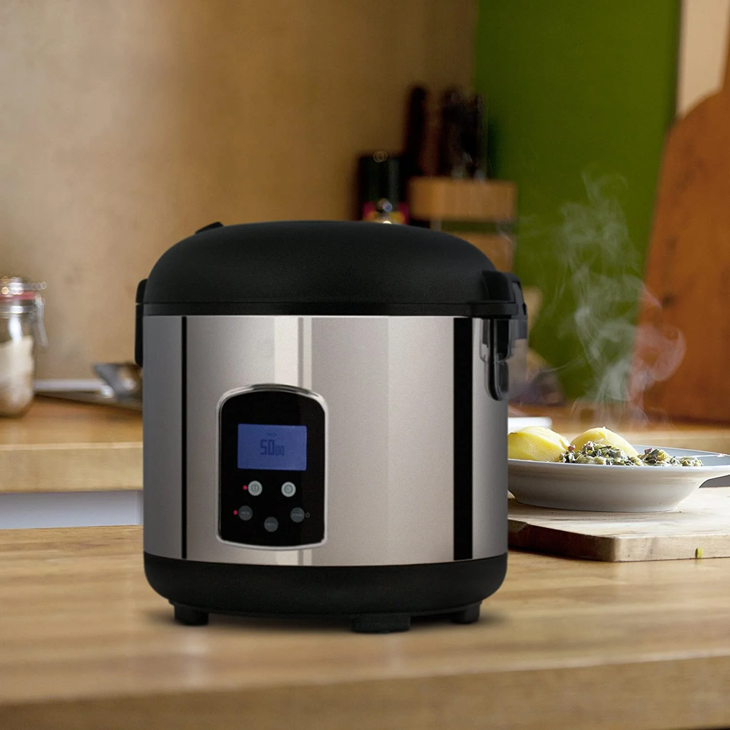 Rice Cooker  Hot Cereal Oatmeal Cooker  Food Steamer  20 Cup  Stainless Steel and Black