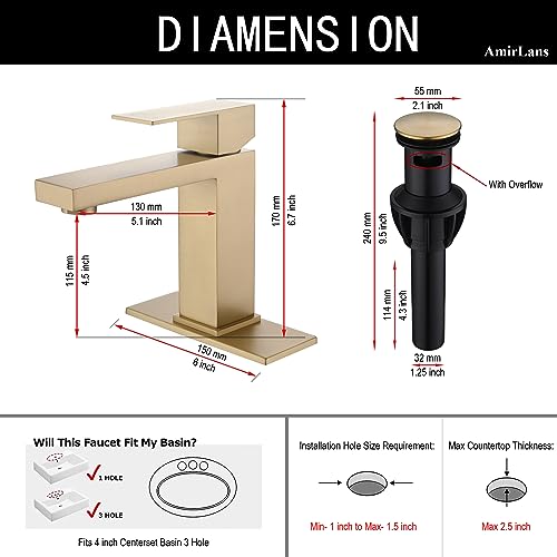 Brushed Gold Vessel Sink Faucet - Tall Single Hole Bathroom Faucet with Pop Up Drain, AML-11411-BG