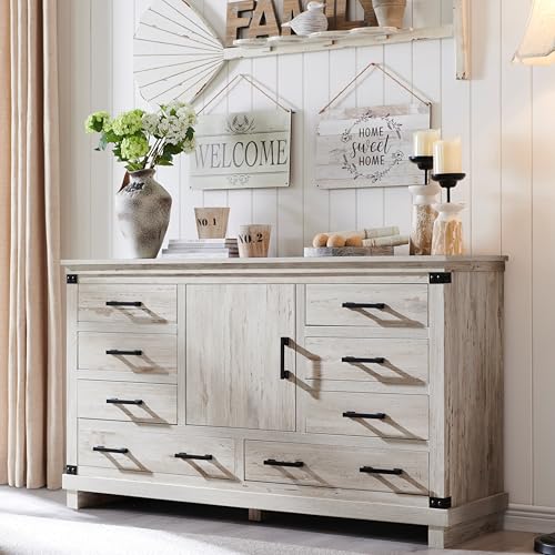 RedLemon Farmhouse 8 Drawers Dresser for Bedroom, Wood Large Chest of Drawers with Thick Plank, Rustic Dresser for Bedroom, Living Room, Antique Brush White
