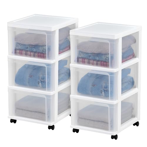 IRIS USA Plastic 3-Drawer Storage Organizer Rolling Cart, with Wheels Casters, 2-Pack, for Classroom Art Supplies Bathroom Dorm Bedroom Laundry Room, Slim Narrow, White/Clear