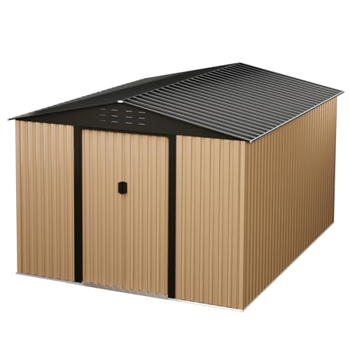 Outdoor Storage Shed, 8 x 6 FT Metal Storage Shed, Metal Garden Tool Shed with Roof, Door & Lock, Waterproof and Anti-UV, for Patio Garden Yard, Brown