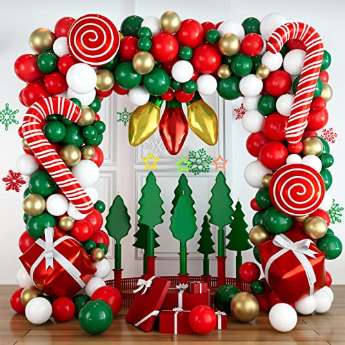 DBKL Balloons 152Pcs Garland Kit for Christmas, Red, White, Green, Gold, Candy Cane, Gift Box, Light Bulb Foil Balloons, Decorations, Party Supplies