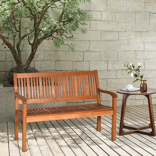 COSTWAY Wooden Bench Outdoor, Teak Bench with Curved Armrest & Backrest for Garden, Park & Porch, 25