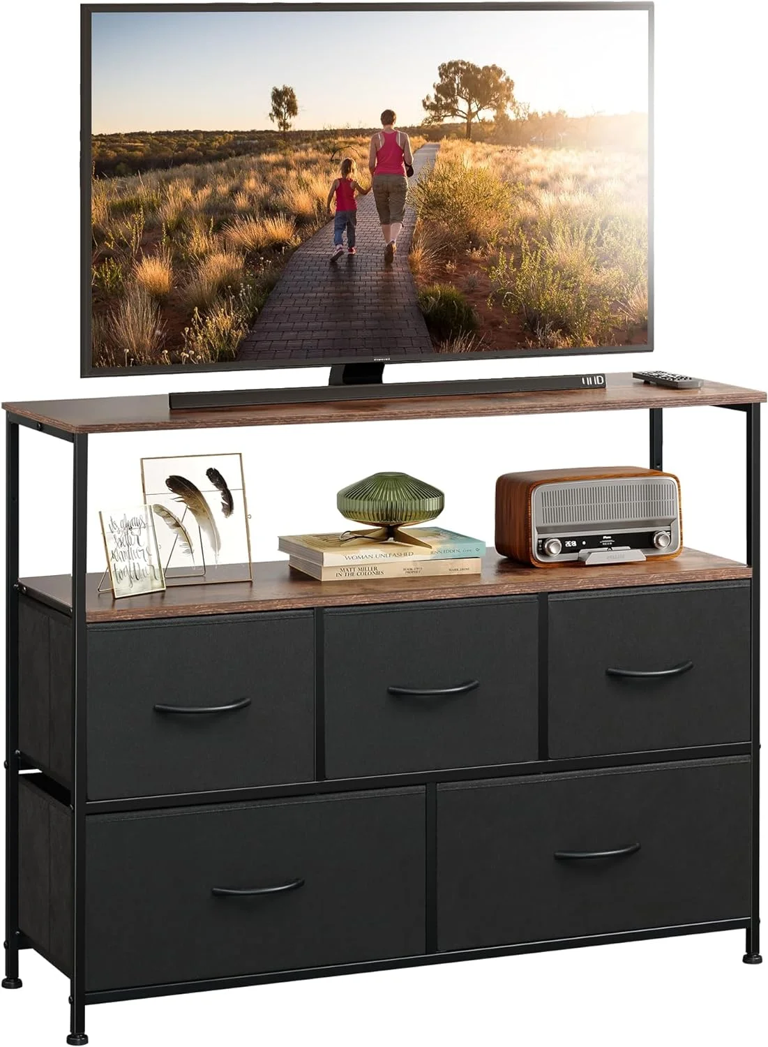 JIAH TV Stand, Entertainment Center with Fabric Drawers, Media Console Table with Open Shelves for TV up to 45 inch, Storage Drawer Unit for Bedroom, Entryway, Black and Rustic Brown