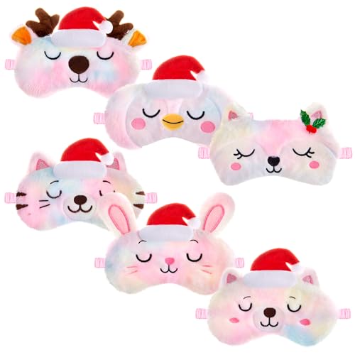 Geyoga 6 Pieces Christmas Sleeping Mask for Kids Girls Eye Mask Cute Reindeer Penguin Bear Animal Soft Plush Blindfold Eye Cover Shade for Toddler and Adult Xmas Party Gifts(Rainbow)
