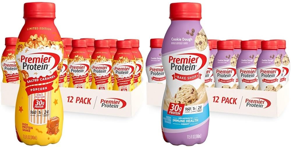 Premier Protein Shake Limited Edition Salted Caramel Popcorn and Cookie Dough Flavors, 30g Protein, 1g Sugar, 12 Pack