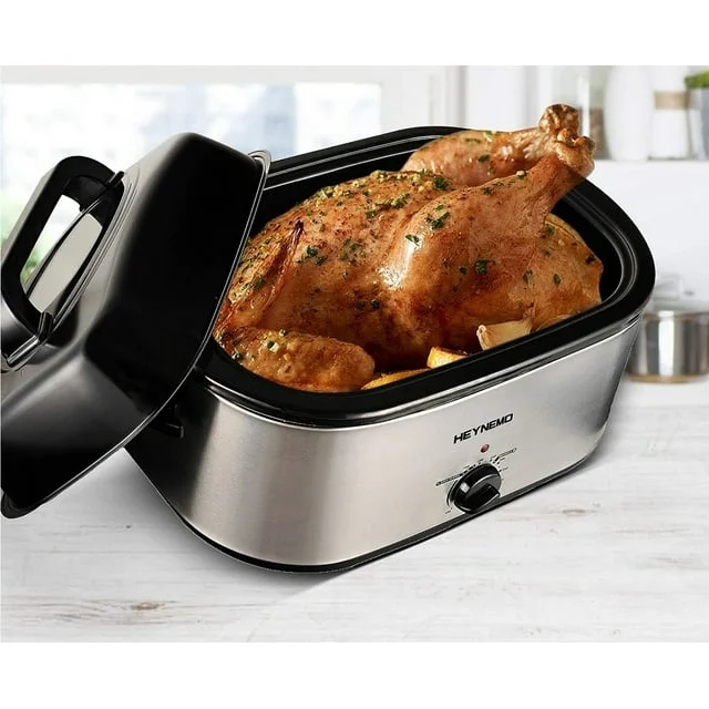 CozyHom 24 QT Electric Roaster Oven, Stainless Steel Roaster Pan with Self-Basting Lid Removable Insert Pot, Silver