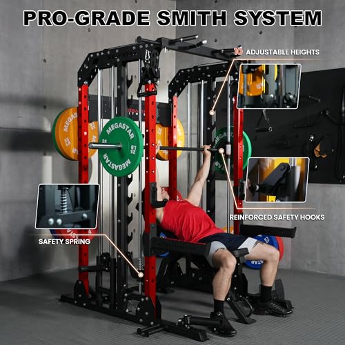Smith Machine Home Gym with Aluminum Pulley Set - 2000lbs Capacity All-in-One Power Rack with Cable Crossover, Pull-Up Bar & Dip Station, Includes 18 Attachments, P107 Anvil