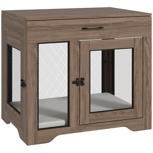PawHut Dog Crate Furniture with Soft Water-Resistant Cushion, Dog Kennel End Table with Drawer, Puppy Crate for Small Dogs Indoor with 2 Doors, White