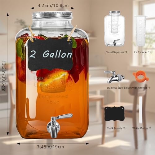 1 Gallon Glass Drink Dispenser with Stand,2 Pack Glass Beverage Dispenser with Stainless Steel Spigot,Water Lemonade Dispenser for Parties