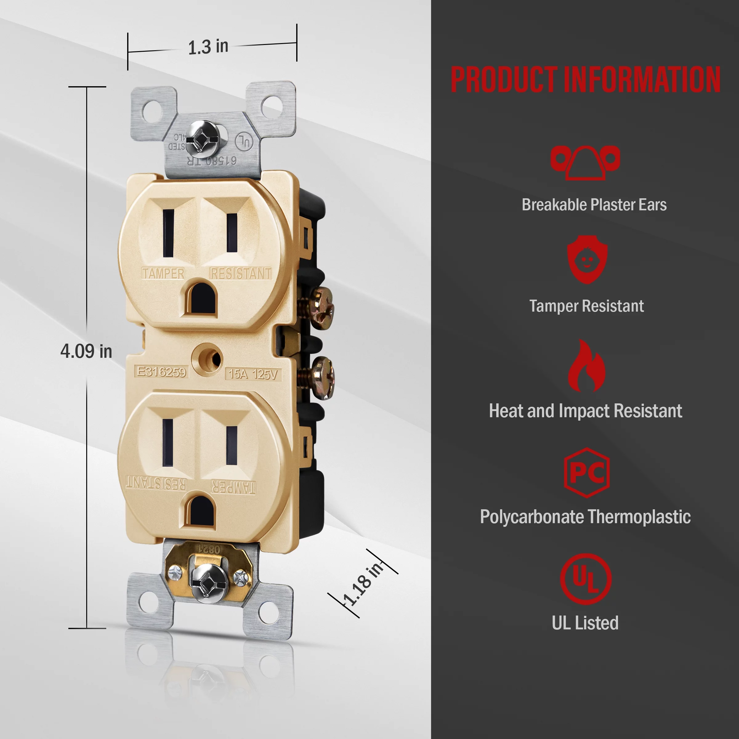 ENERLITES Elite Series Duplex Electrical Outlet, Self-Grounding, 3-Wire, 2-Pole, 15A 125V, UL Listed, 61580-GD-10PCS, Gold, 10 pack