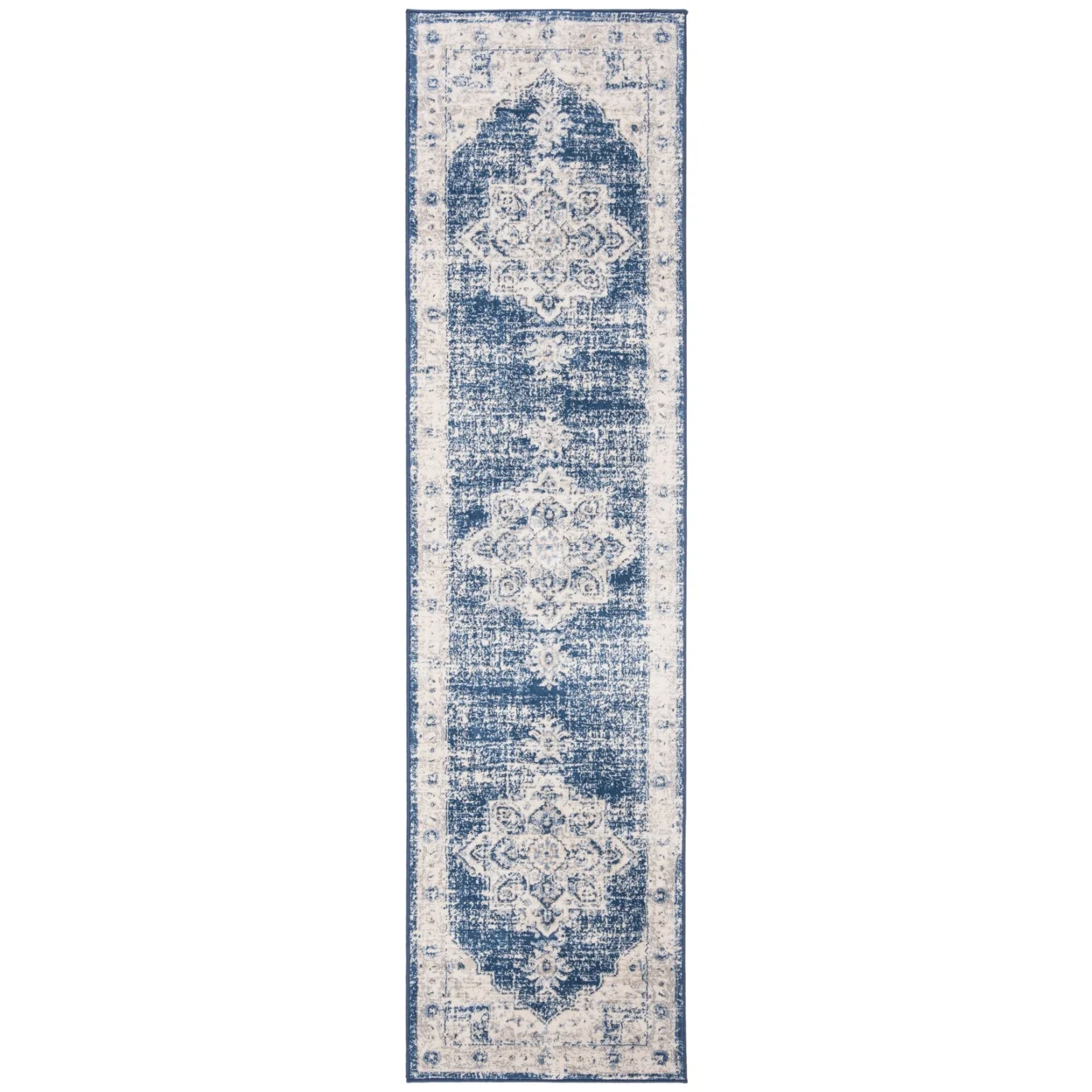 SAFAVIEH Brentwood Jameson Floral Bordered Runner Rug, 2' x 20', Ivory/Navy