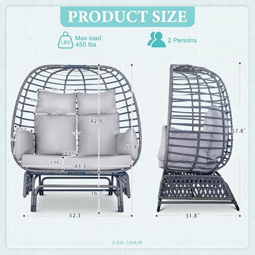 Outdoor Double Egg Chair Patio Chairs - 500lbs Capacity for 2 Person, Oversized Wicker Rocking Glider Chair with Steel Stand, Hand-Woven Lounge Chair Nest Loveseat for Indoor, Porch, Backyard, Balcony