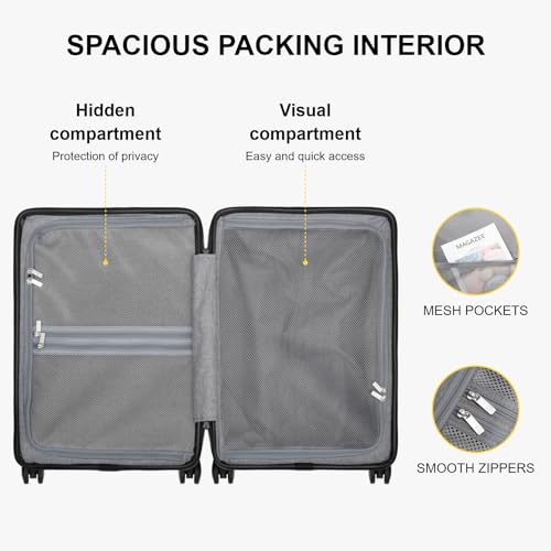 LEVEL8 Hard Shell Carry on Luggage Airline Approved, Carry-on Suitcases with Wheels, Lightweight Luminous Textured Hardside Travel Bag with Tsa Lock, 20 Inch, Black