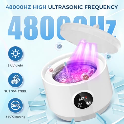 48kHz Ultrasonic Retainer Cleaner,Professional Portable Denture Cleaner with 5UV-Light and LED Digital Timer for Retainer, Mouth Guard, Watch, Jewelry-Home and Travel Use-White