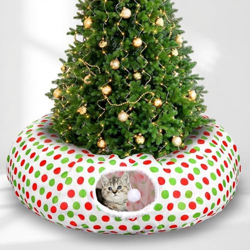 Soulchen Cat Tunnel Christmas Tree Skirt 3ft x 3ft Red and Green Bed Cat Tunnel Under Christmas Tree Protector Collapsible Bed with Ball Washable Cushion for Kitten Indoor Peekaboo Xmas Gifts