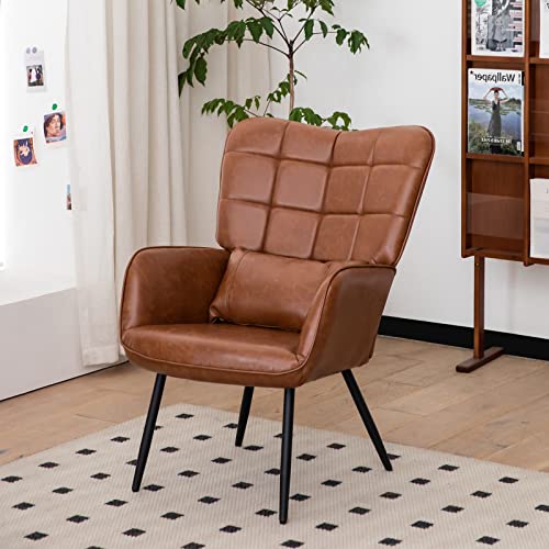 Modern Accent Chair with High Back, Leather Armchair with Metal Legs and Soft Padded, Upholstered Single Sofa Chairs for Living Room, Bedroom, Dining Room, Home Office - 1PC (Brown)