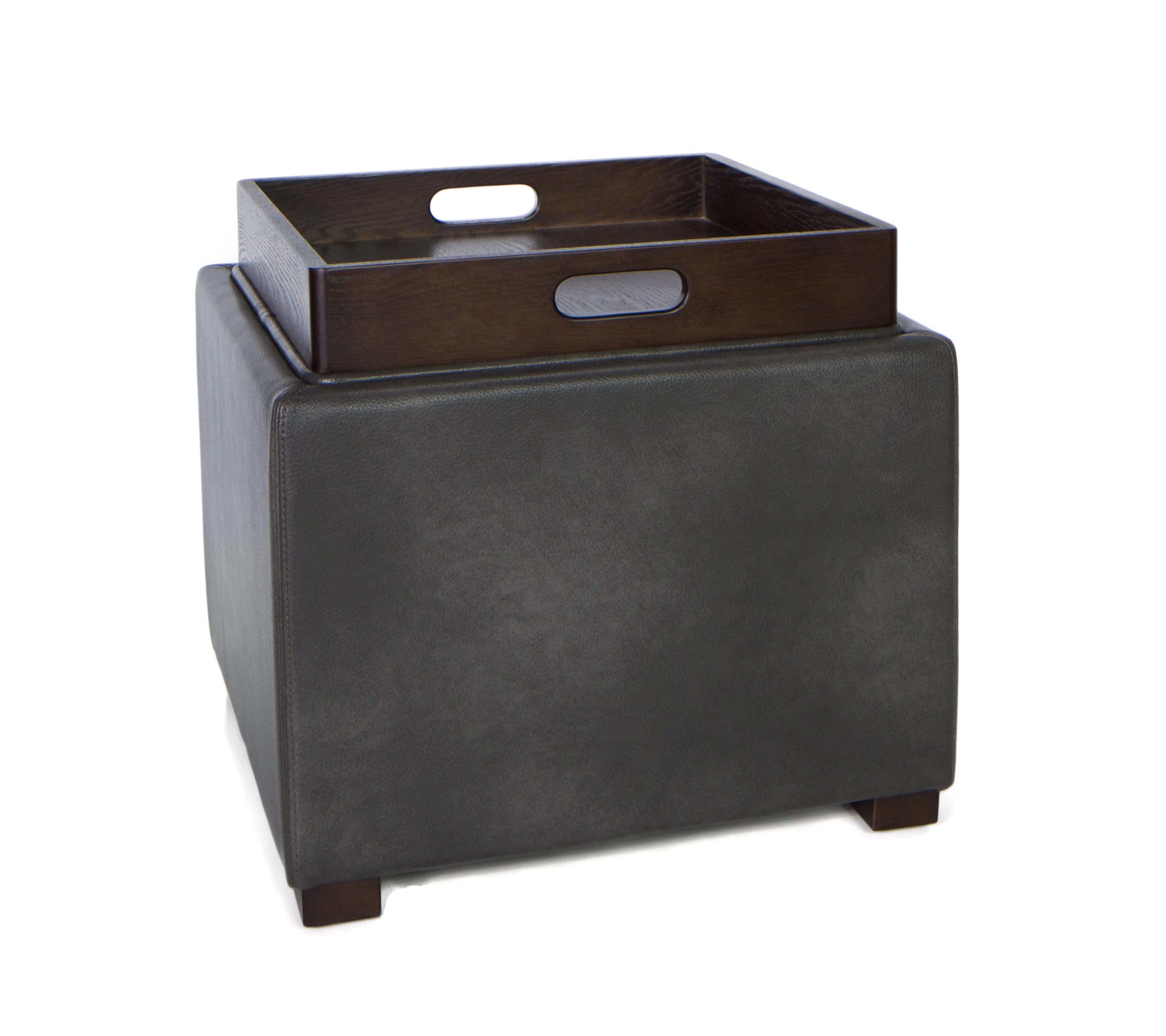 Cortesi Home Mavi Grey Wood Top Tray Storage Cube Ottoman in Bonded Leather