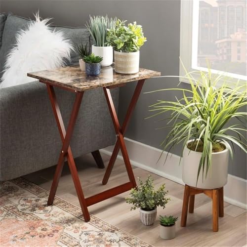 Pemberly Row 5 Piece Wood Folding Faux Marble Table Tray Set in Brown